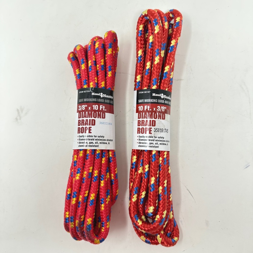 2 Haul-Master 3/8 in x 10 ft Diamond Braid Rope Red 600 lb Working Load Utility